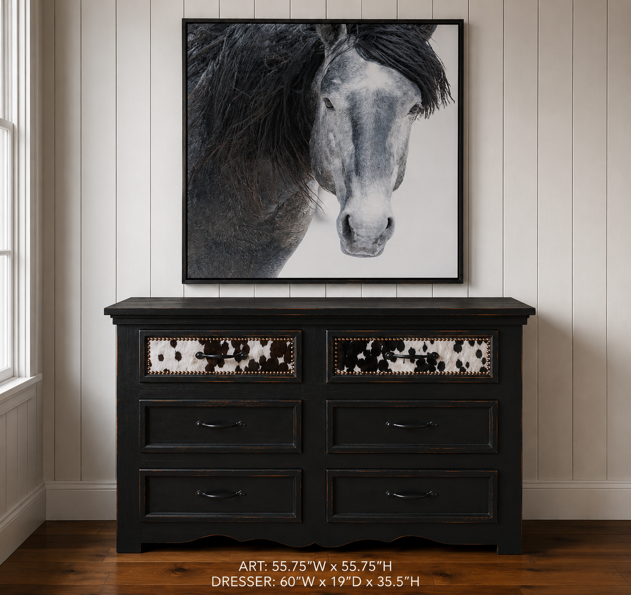 Wild Grey Framed Canvas Horse Art over Regal Ebony Dresser with Cowhide Drawer Fronts and Nailhead Trim 