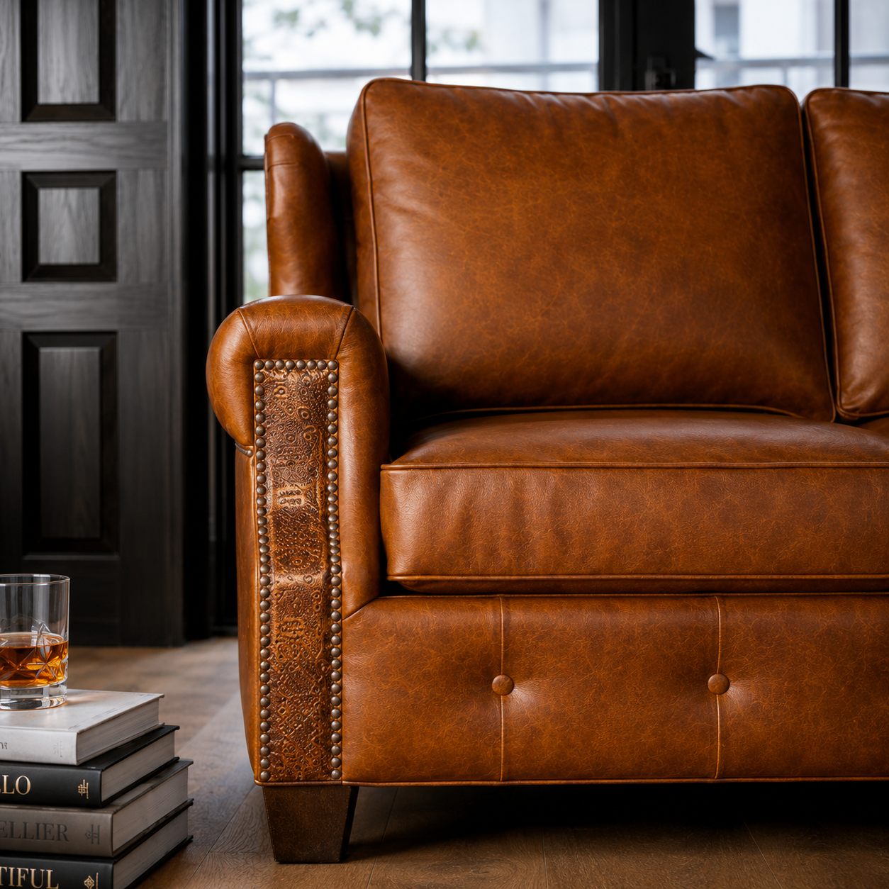 Wilder Ranch Luxury Leather Sofa in premium top-grain leather with embossed artisan leather arm panels