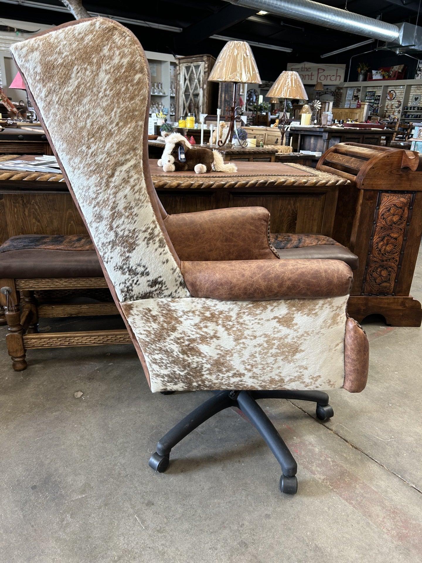 Custom Wingback Western Desk Chair in distressed brown leather and peppered brown & white cowhide made in the USA - Your Wester Decor