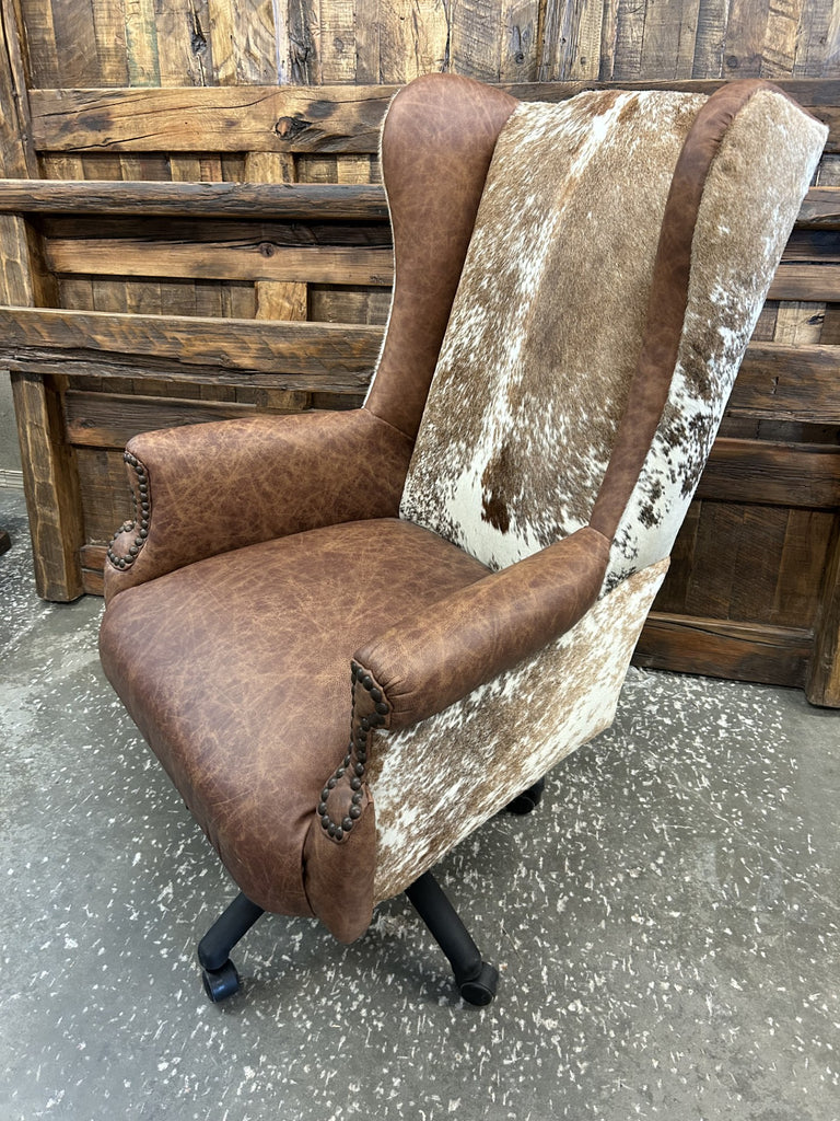 Custom Wingback Western Desk Chair in distressed brown leather and peppered brown & white cowhide made in the USA - Your Wester Decor