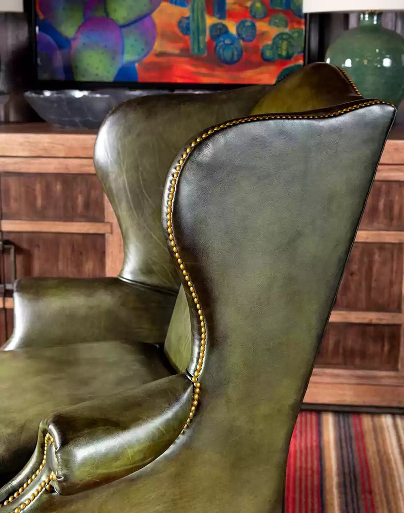 Wingback Chair in Olive Green Leather - Made in the USA - Your Western Decor