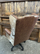 Custom Wingback Western Desk Chair in distressed brown leather and peppered brown & white cowhide made in the USA - Your Wester Decor