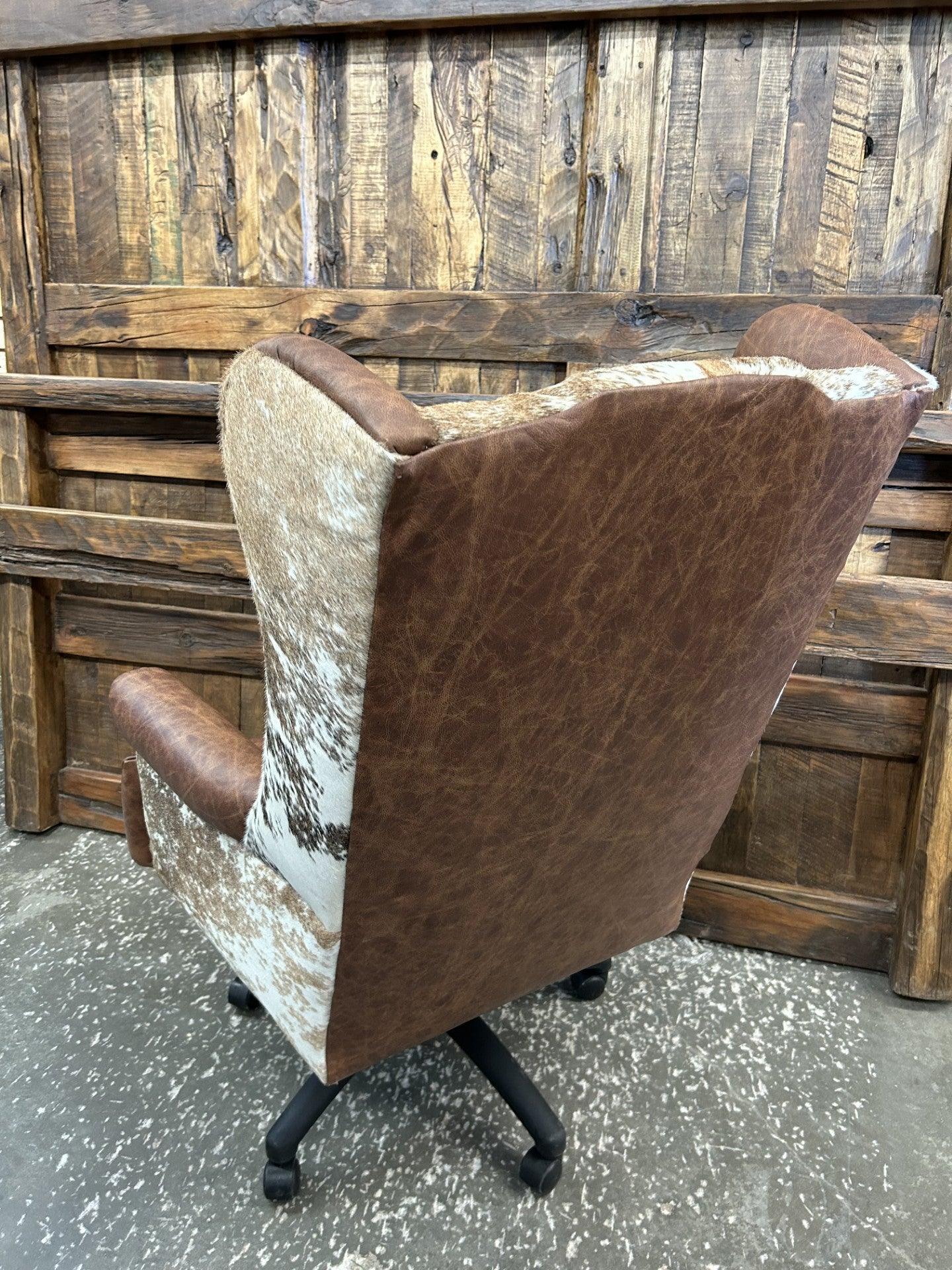 Custom Wingback Western Desk Chair in distressed brown leather and peppered brown & white cowhide made in the USA - Your Wester Decor