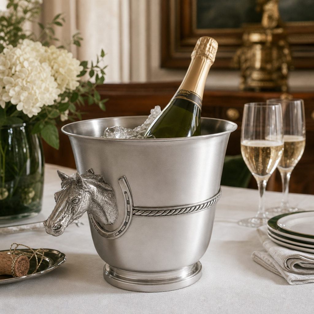 A luxury pewter champagne bucket with a horse head handle and rope detail, filled with ice and a bottle of champagne on a dining table, with two filled champagne flutes, plates, and a vase of white flowers nearby.