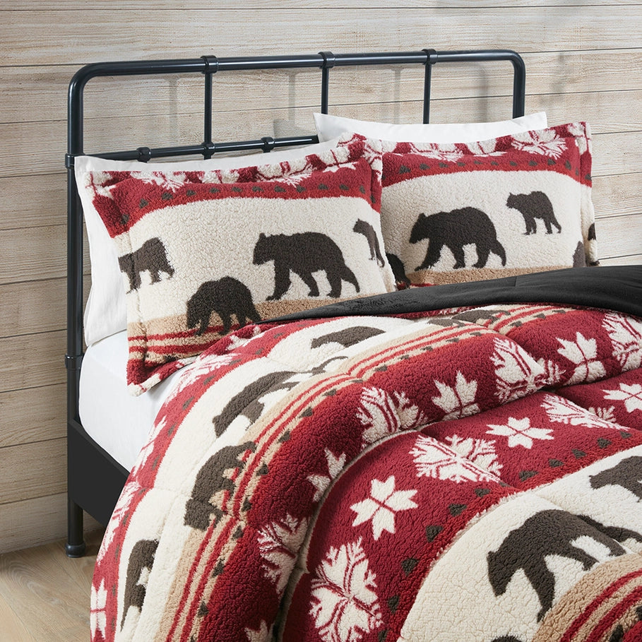 Winter Cabin Sherpa Comforter Set in rust red, ivory, tan, and dark brown with bears and snowflakes - Your Western Decor