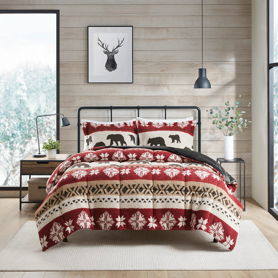 Winter Cabin Sherpa Comforter Set in rust red, ivory, tan, and dark brown with bears and snowflakes - Your Western Decor