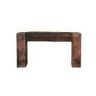 Front view of rustic copper leg and wood beam console table