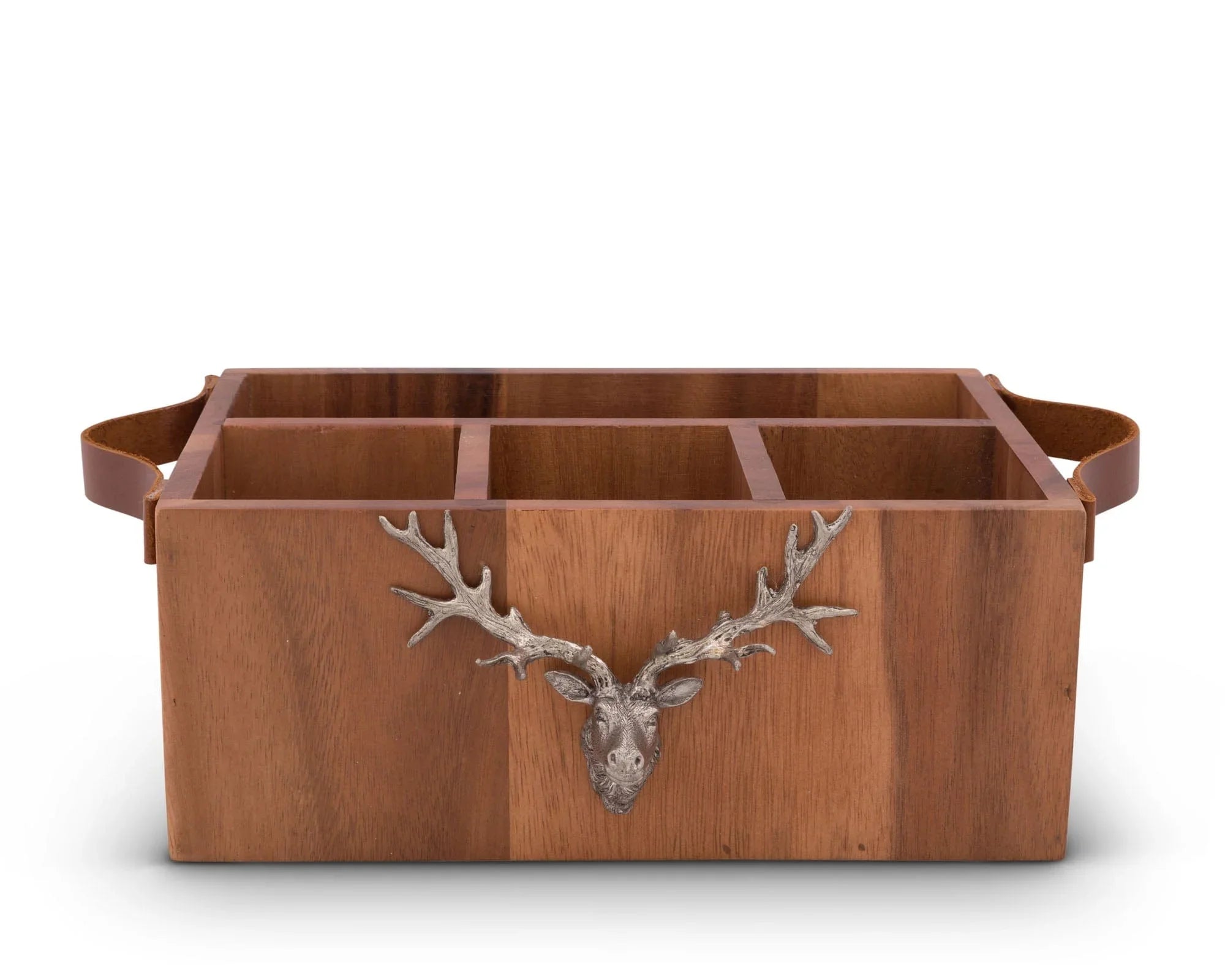 Acacia wood caddy with leather handles and pewter elk on front - Your Western Decor