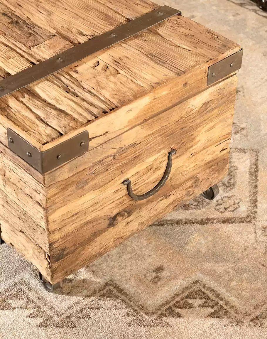 Reclaimed Wood Chest Coffee Table with castors and iron accents - Your Western Decor