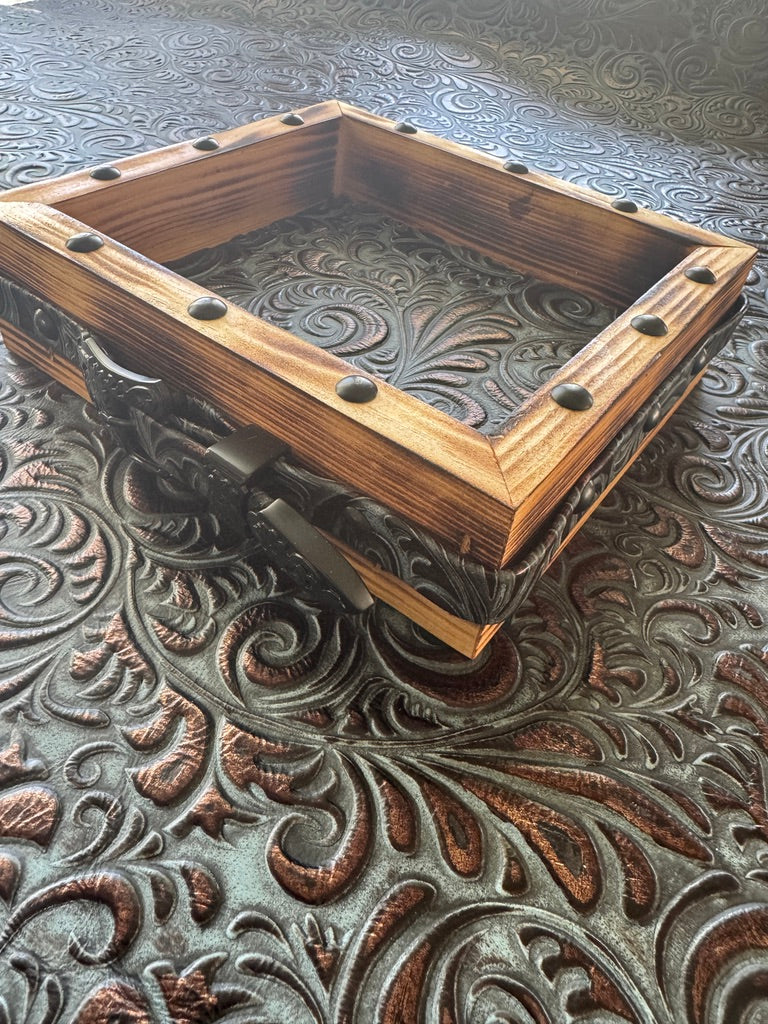 Handmade wood box for cowhide coasters with handmade embossed leather belt, black buckle, and luxury embossed leather inside, with black nail trim accents 