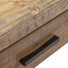 detail of drawer pull on wood console table 