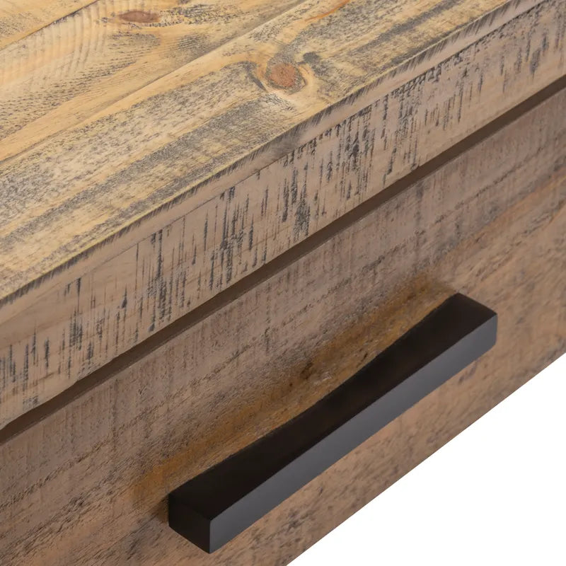 detail of drawer pull on wood console table 