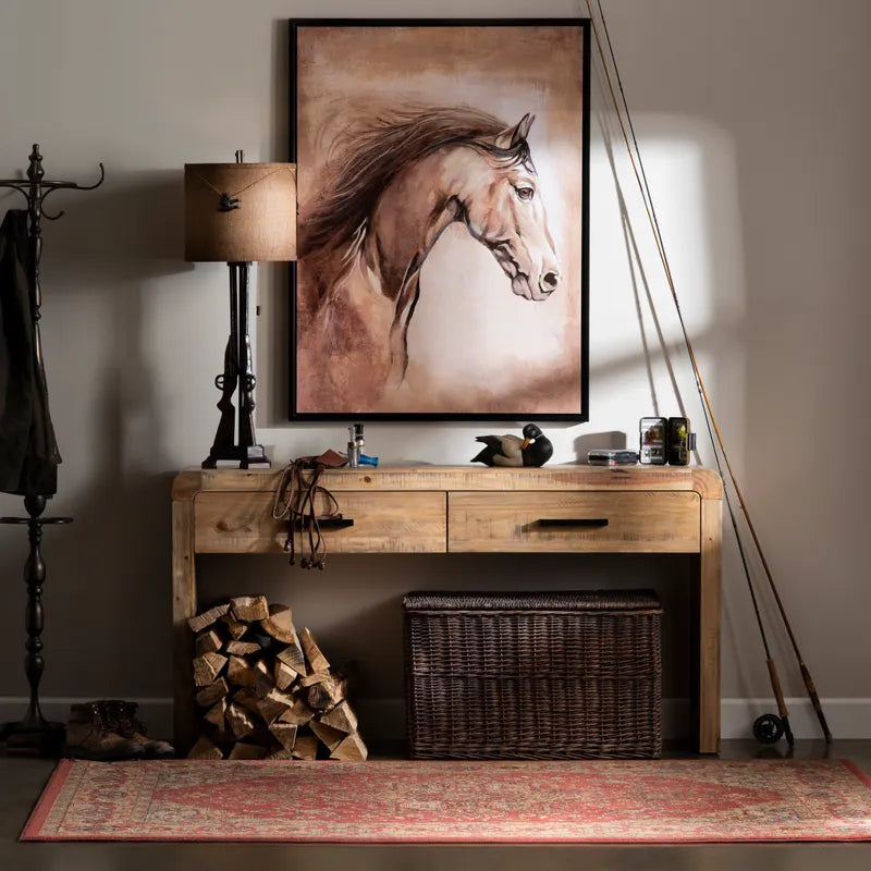 2 drawer solid wood console table in room with lamp, fishing pole, and canvas horse art
