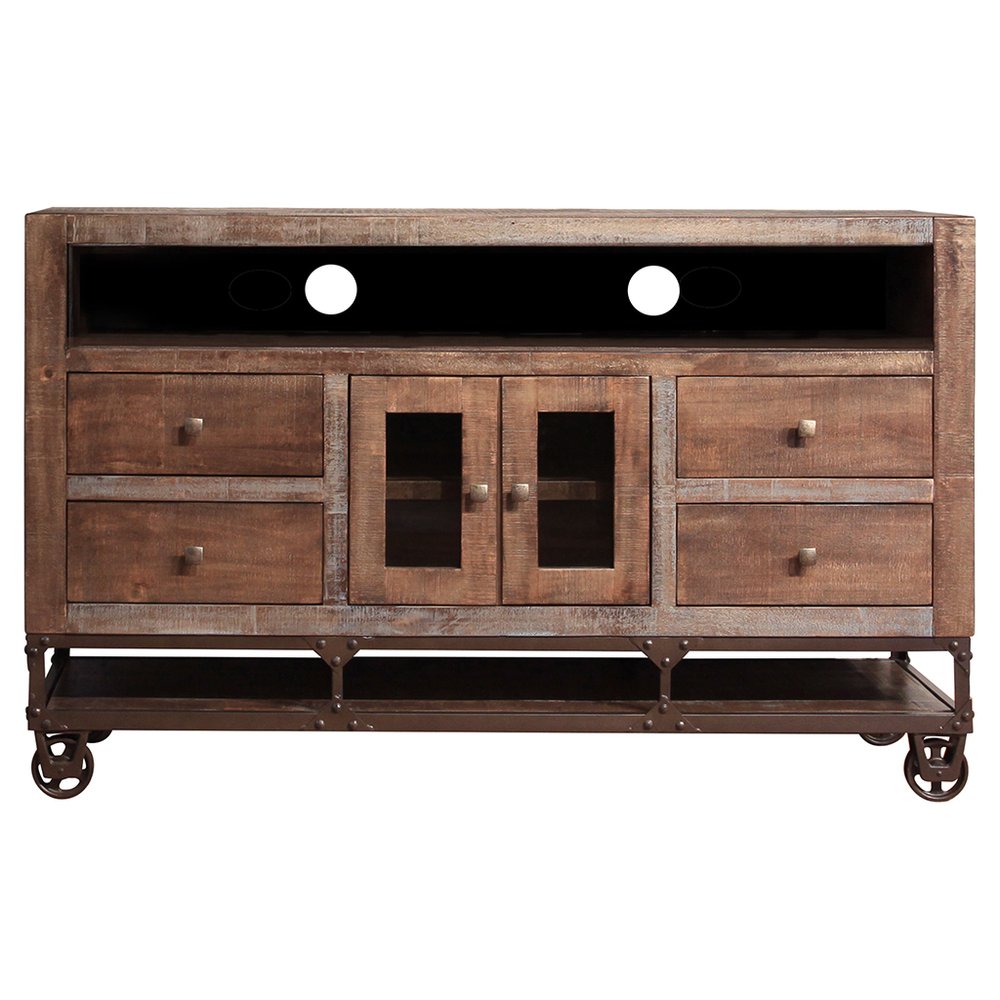 Wooden entertainment console with drawers and glass doors on a white background