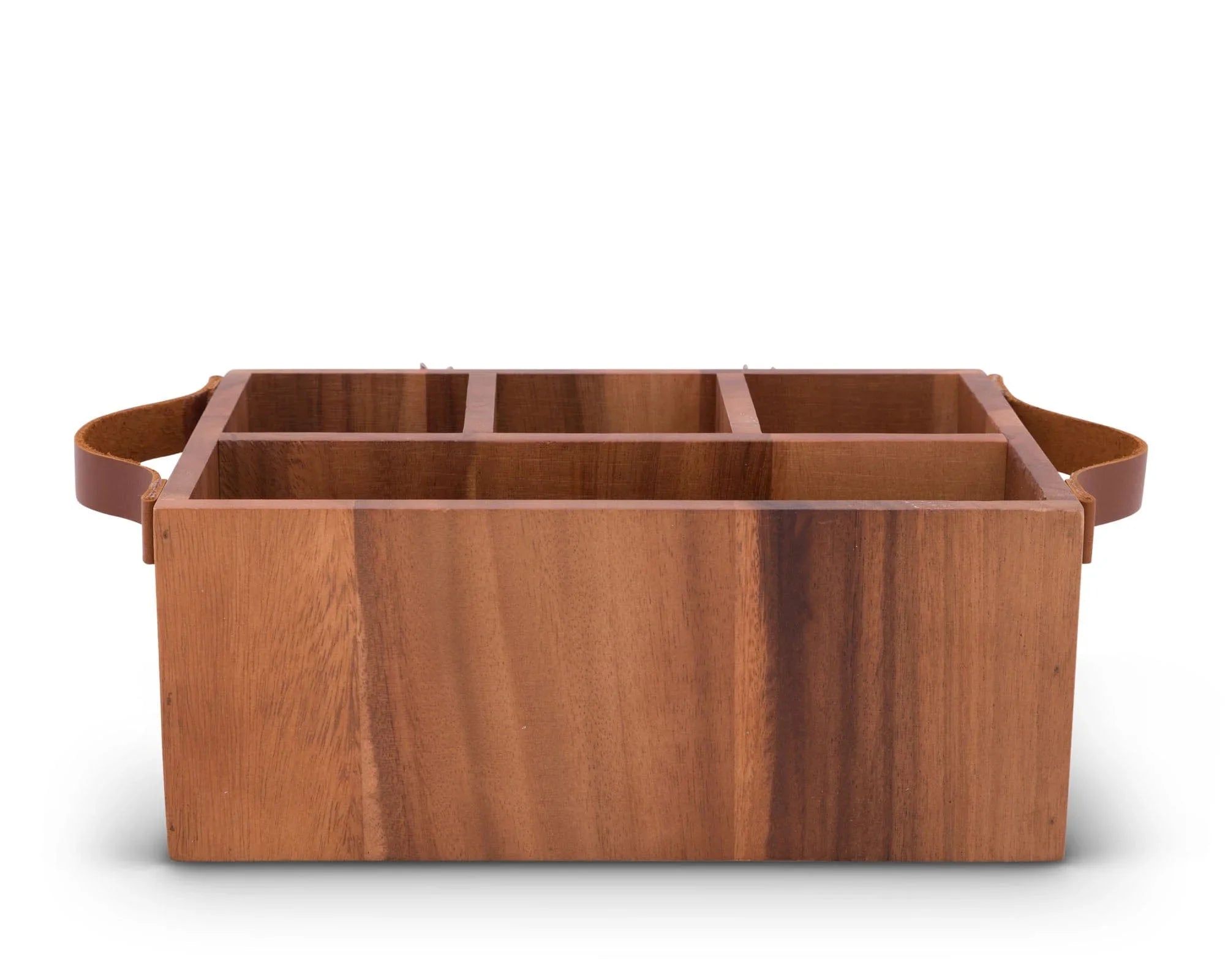 Acacia wood caddy with leather handles and pewter elk on front, back view - Your Western Decor