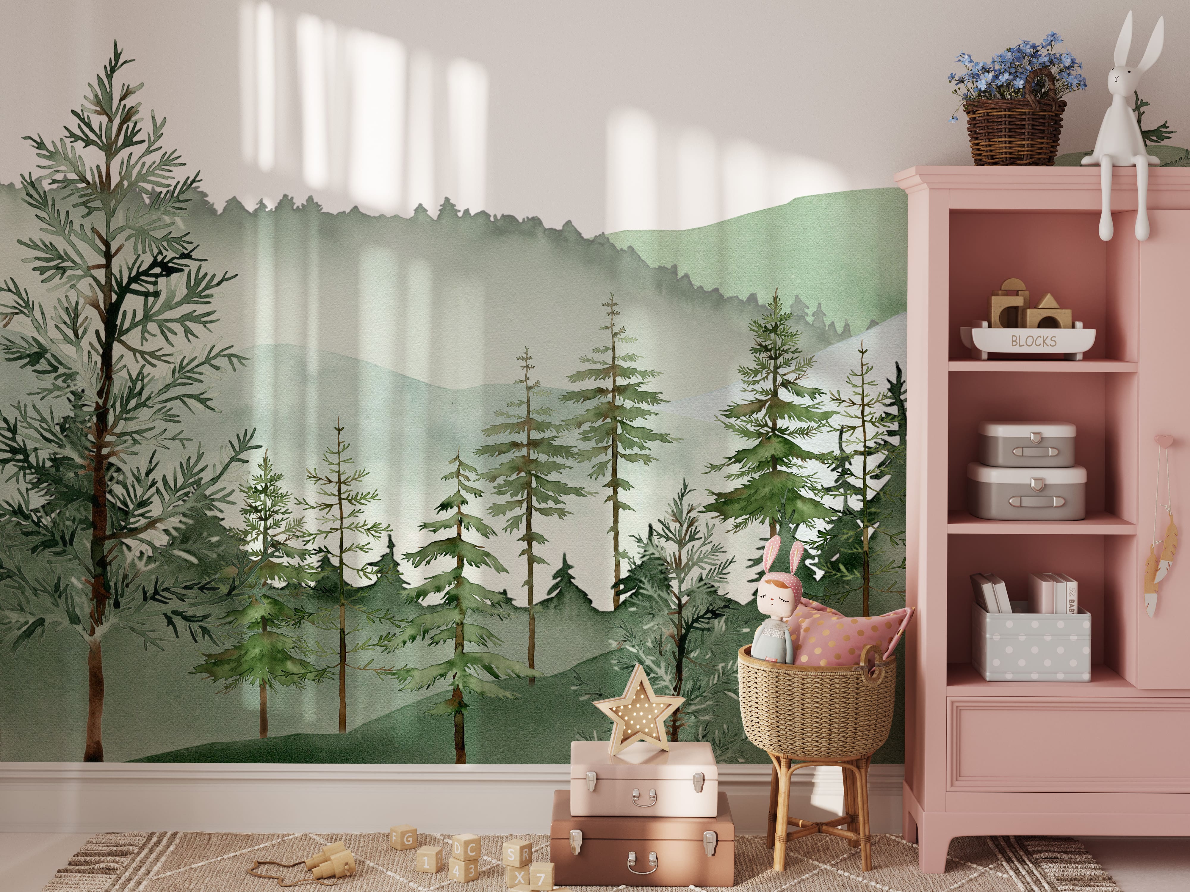 Woodland Forest Mural Wallpaper with trees and mountains, made in the USA - Your Western Decor