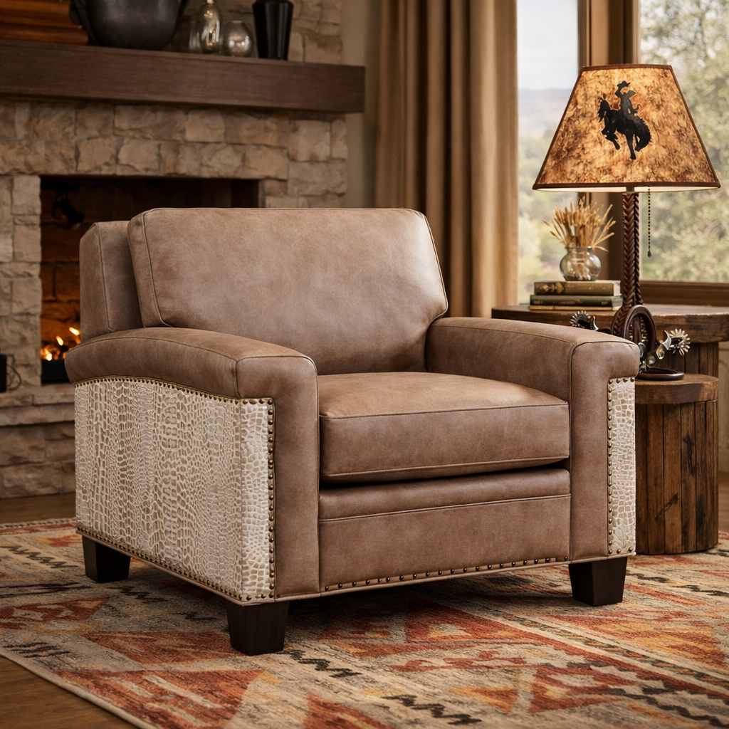 Westwood leather armchair with ivory croc embossed panels staged in a western ranch living room, featuring an iron spur table lamp and Mt. Zion Pendleton southwestern rug on wood floors