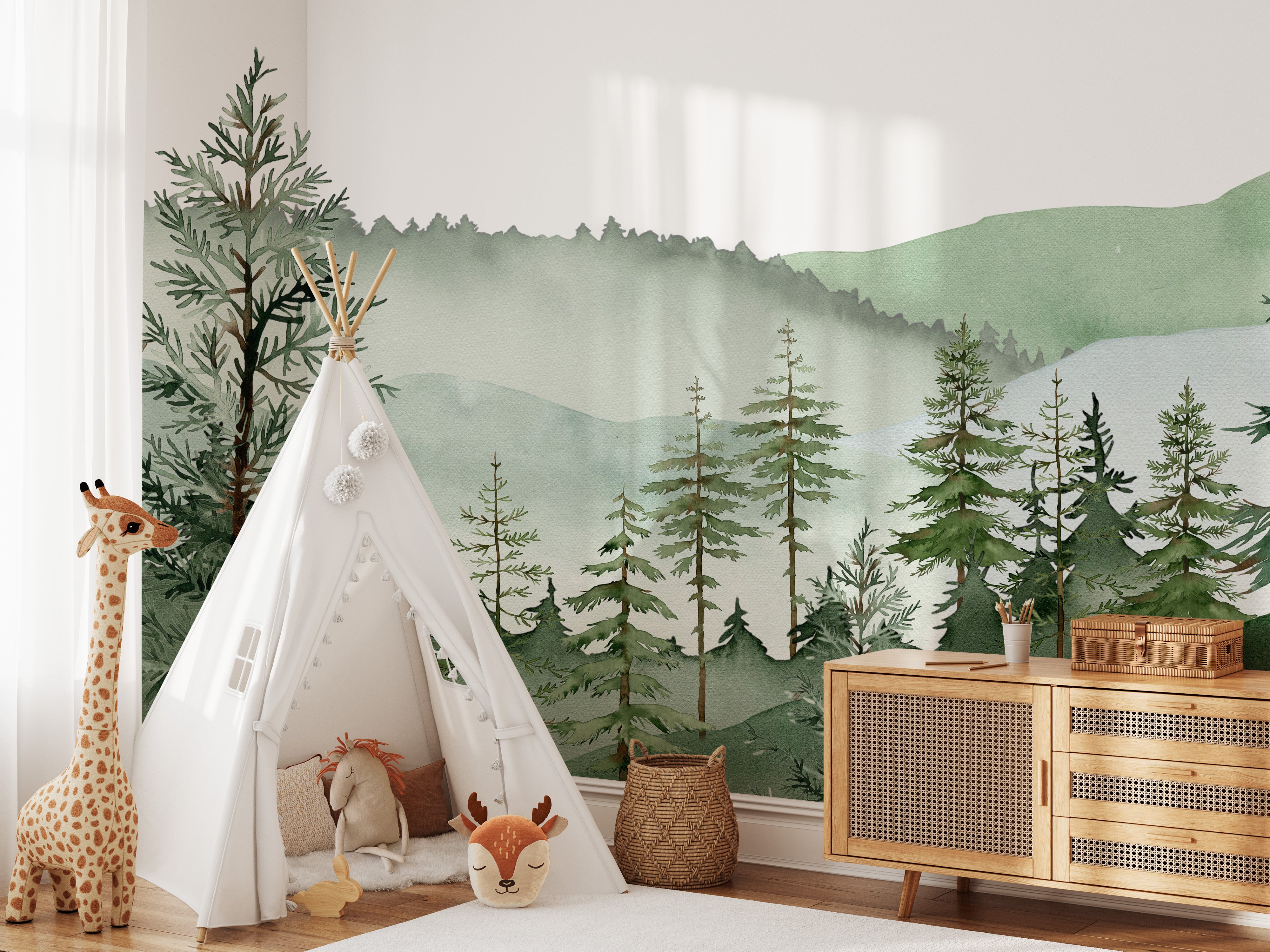 Woodland Forest Mural Wallpaper with trees and mountains, made in the USA - Your Western Decor