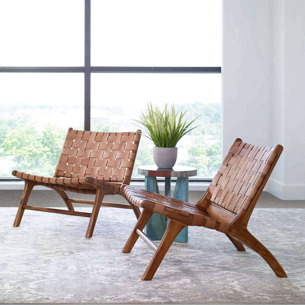 Woven Cognac Leather Accent Chairs in light room setting - Your Western Decor