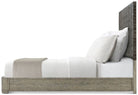 Rustic oak king bed featuring genuine woven leather headboard