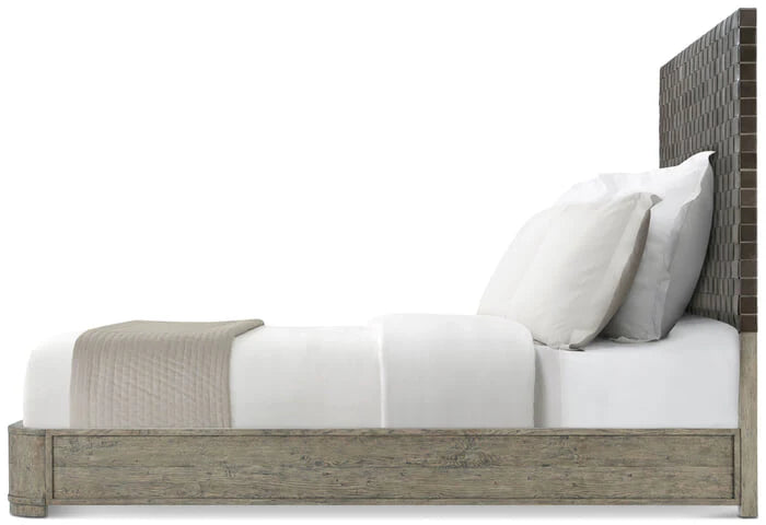 Rustic oak king bed featuring genuine woven leather headboard