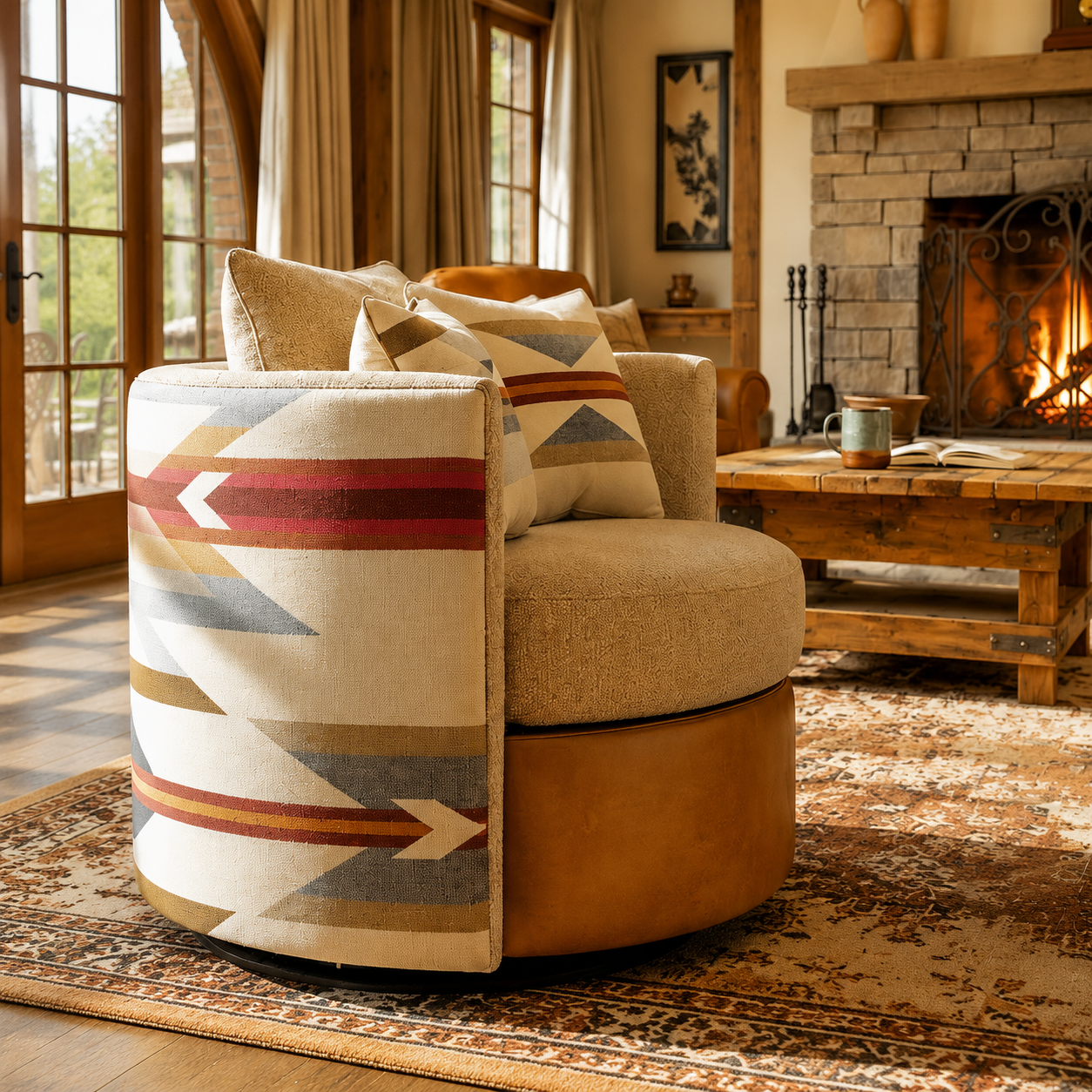 A round upholstered swivel chair in a rustic living room, featuring a cream fabric body with geometric Wyeth Trails Pendleton outside in red, blue-gray, and tan, plus a tan leather base. The chair is styled on a patterned rug in front of a fireplace and wood coffee table.
