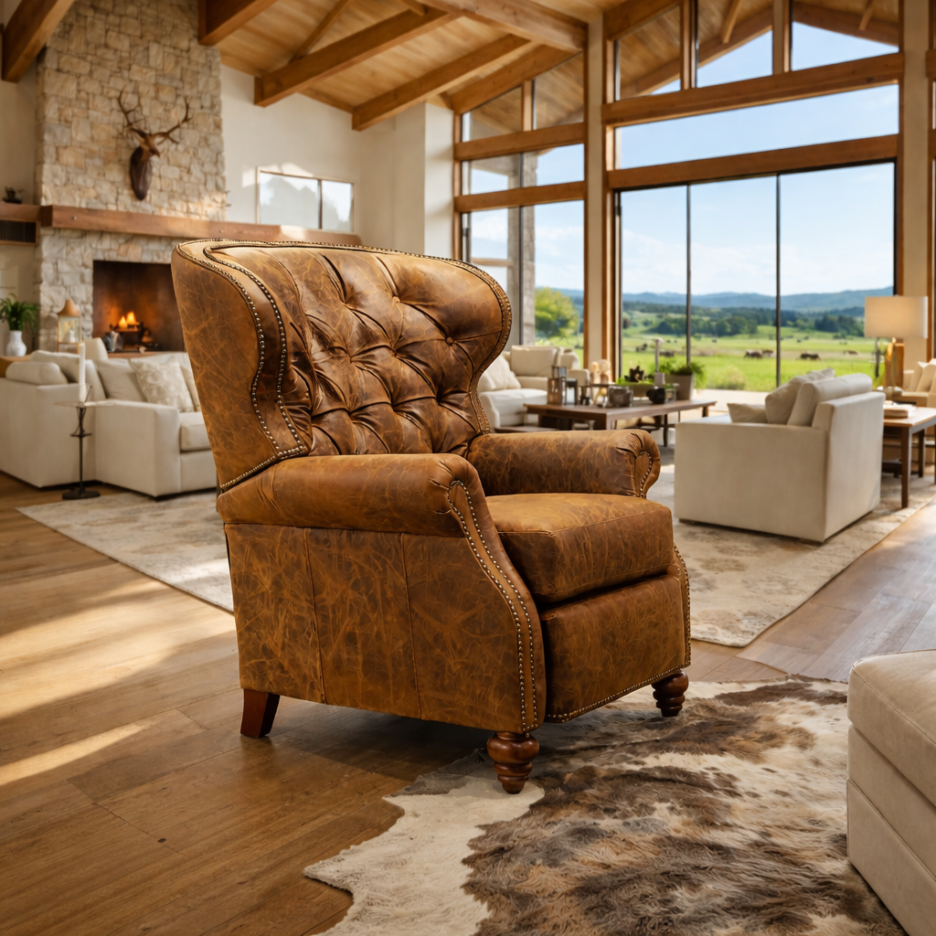XL antiqued leather tufted ranch recliner in luxury Western living room with stone fireplace and floor-to-ceiling windows overlooking ranch landscape