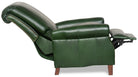 Reclined side view of oversized green leather recliner