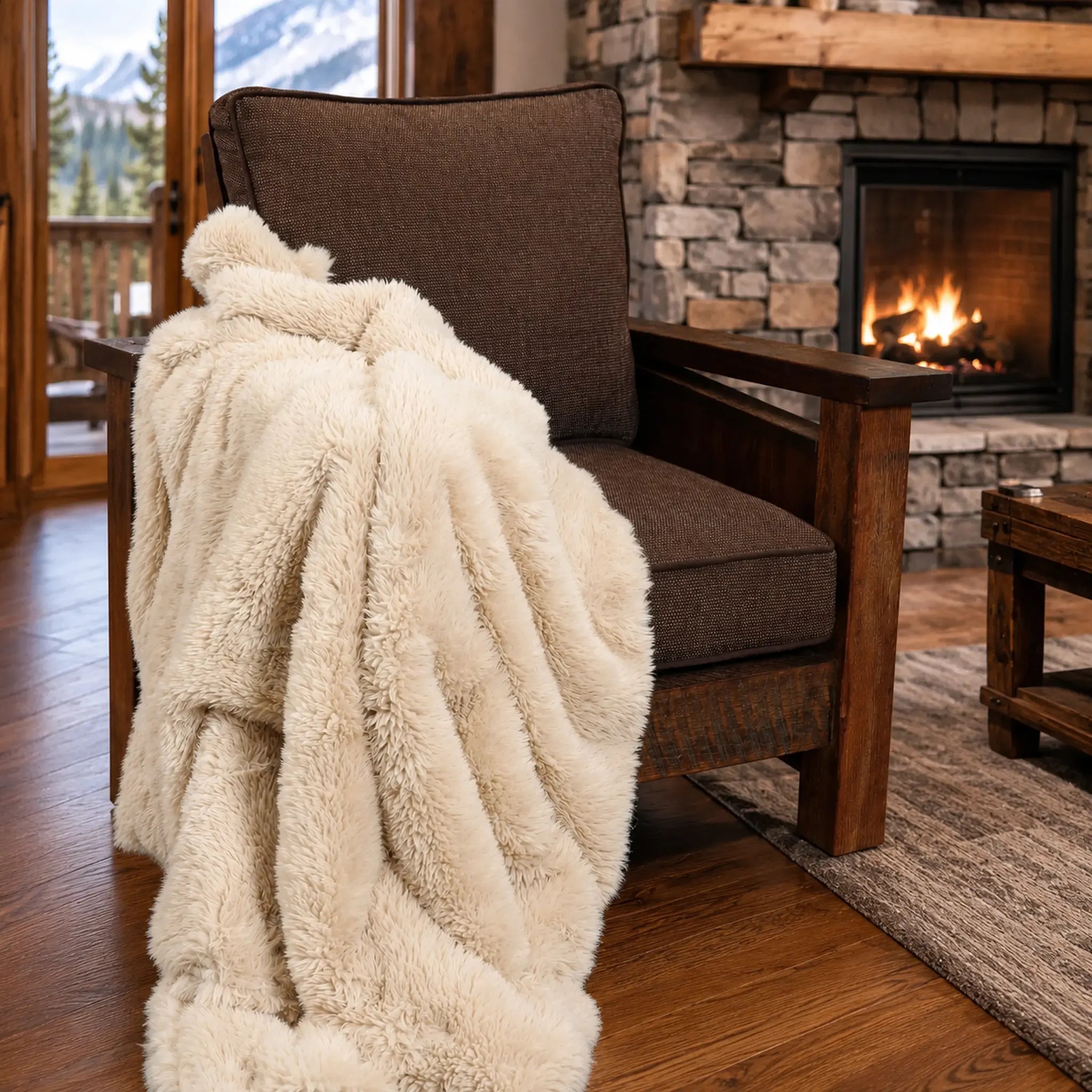 A plush cream faux fur throw blanket draped over a brown upholstered wooden armchair in a cozy living room with a stone fireplace and wood floors.
