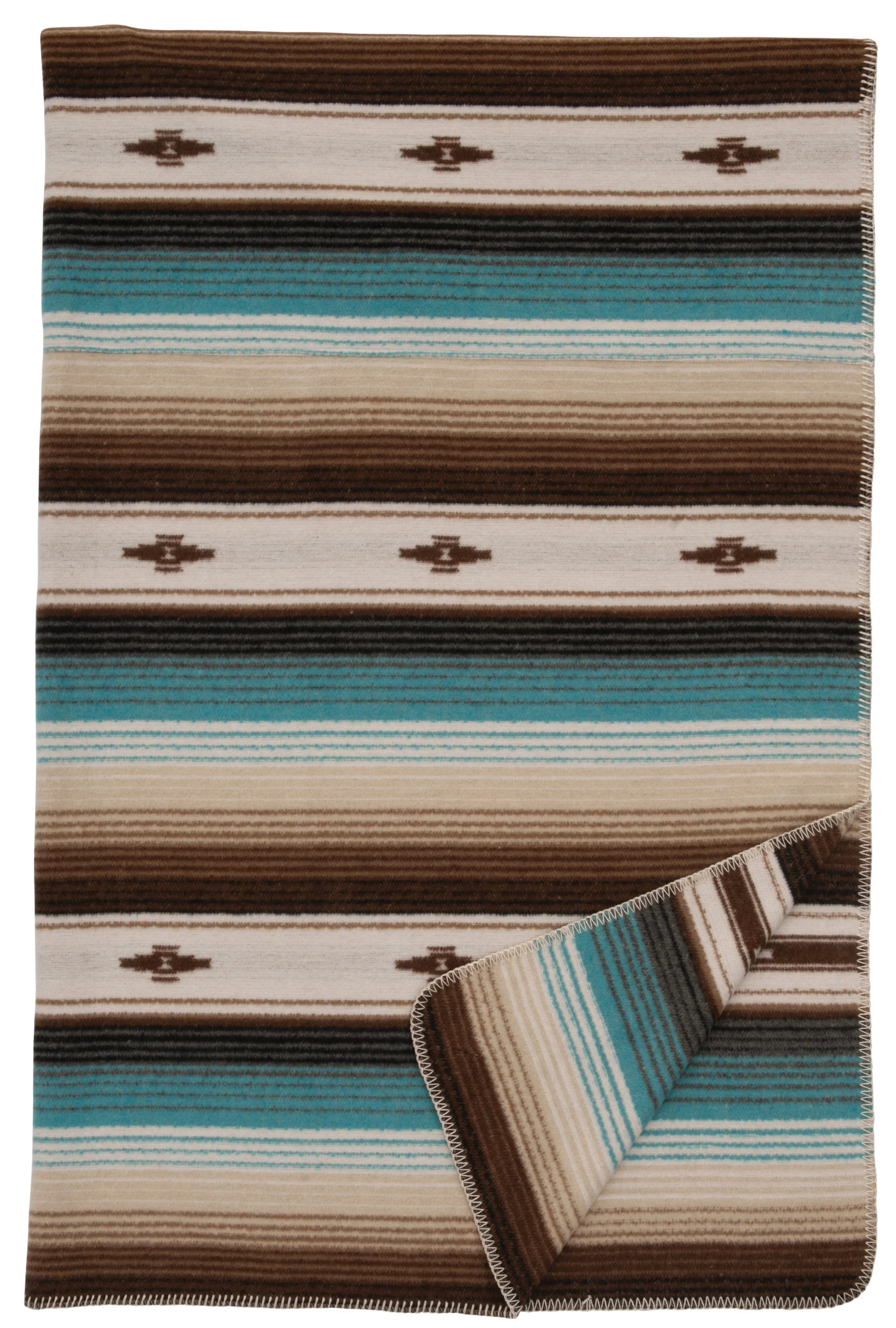 serape striped throw blanket in turquoise, browns, beige, and white handcrafted in the USA