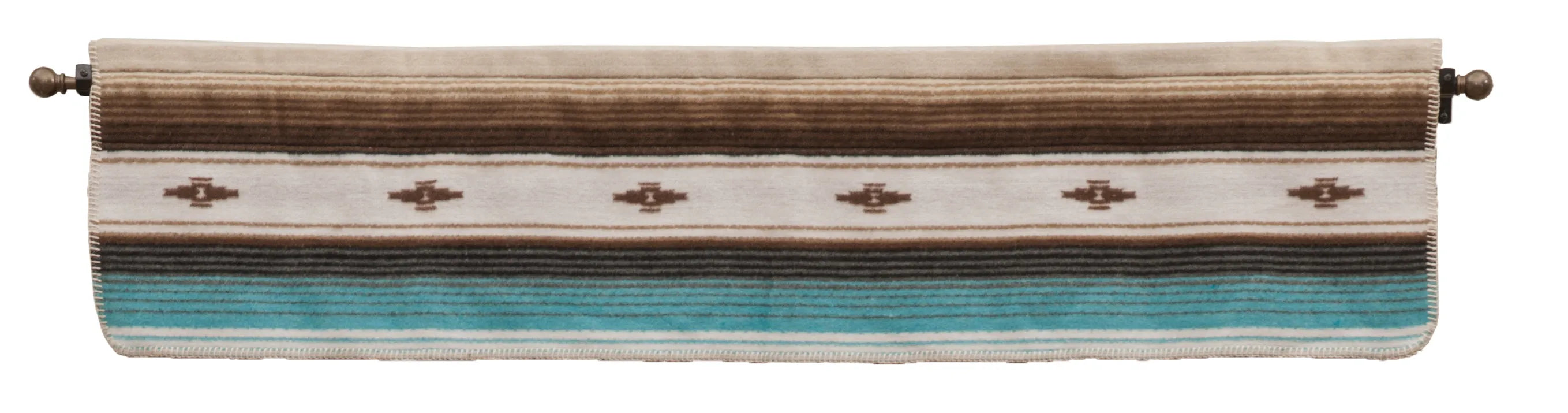 Turquoise, cream, beige, and brown stripe window valance with geometric patterns 