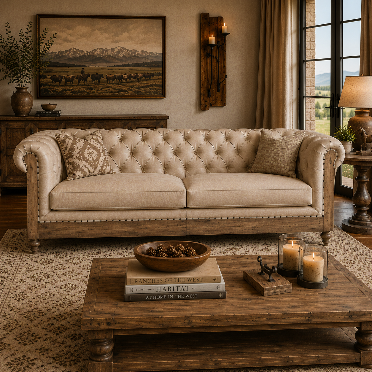 Ivory leather chesterfield sofa made in the USA