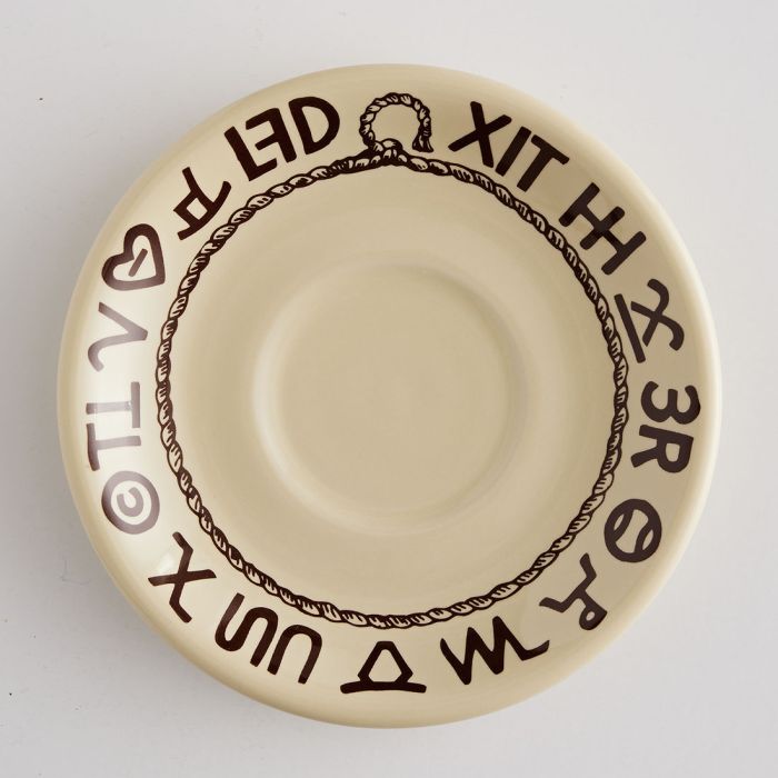 Wallace China Rodeo Saucer in beige with brown rope and brands 