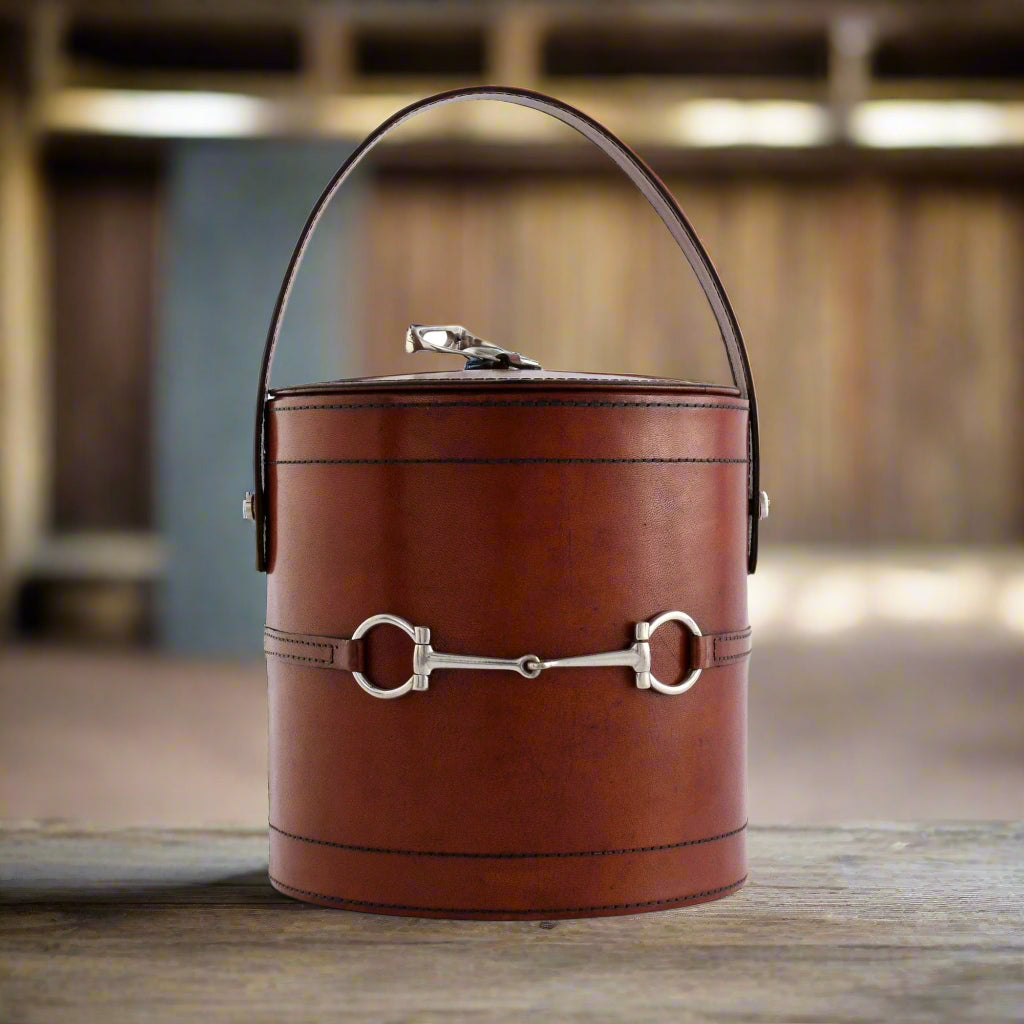 Leather covered Ice Bucket with pewter stirrup and snaffle bit accents - Your Western Decor