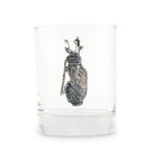Clear glass with a silver golf bag design on a white background