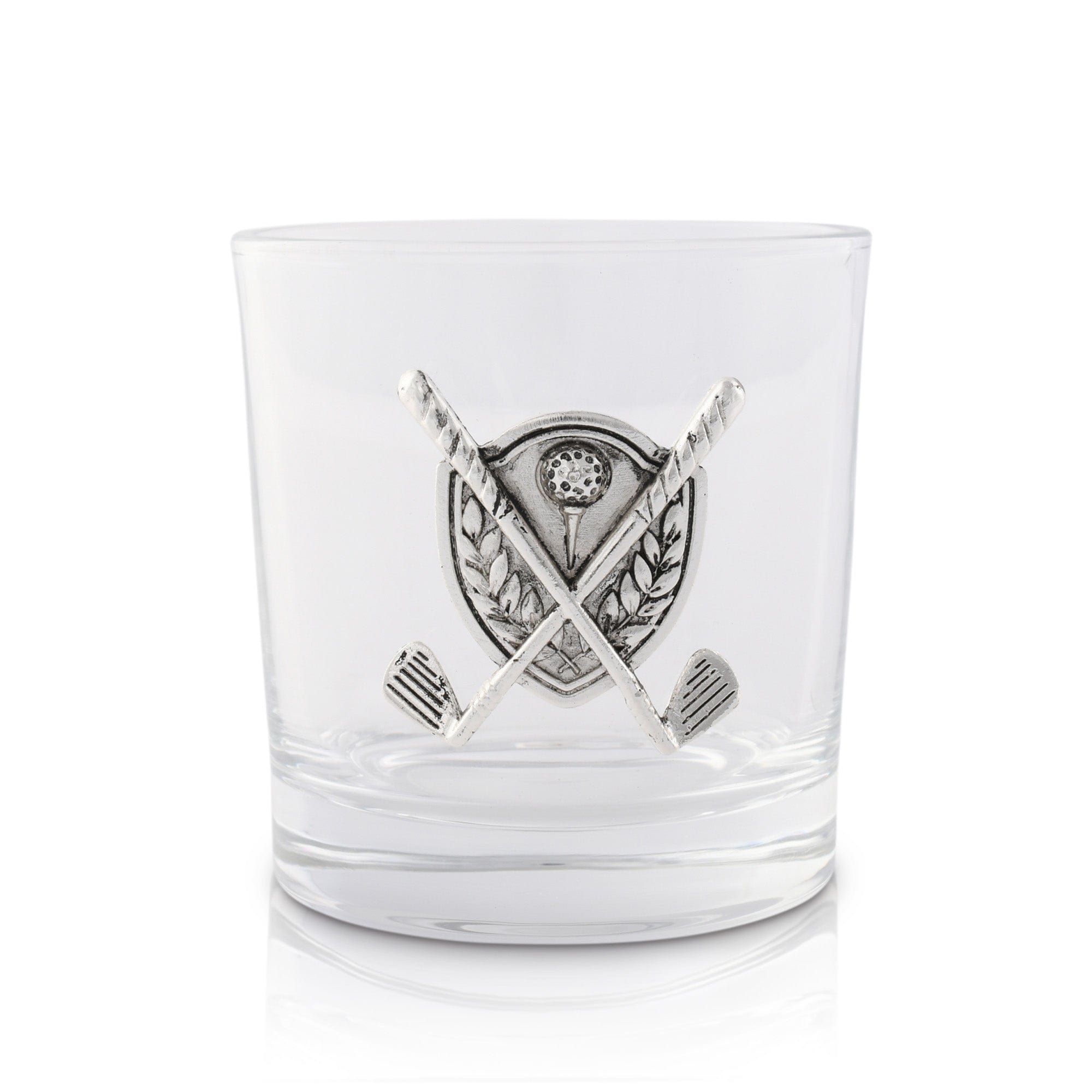 White glass with pewter golf emblem on a white background