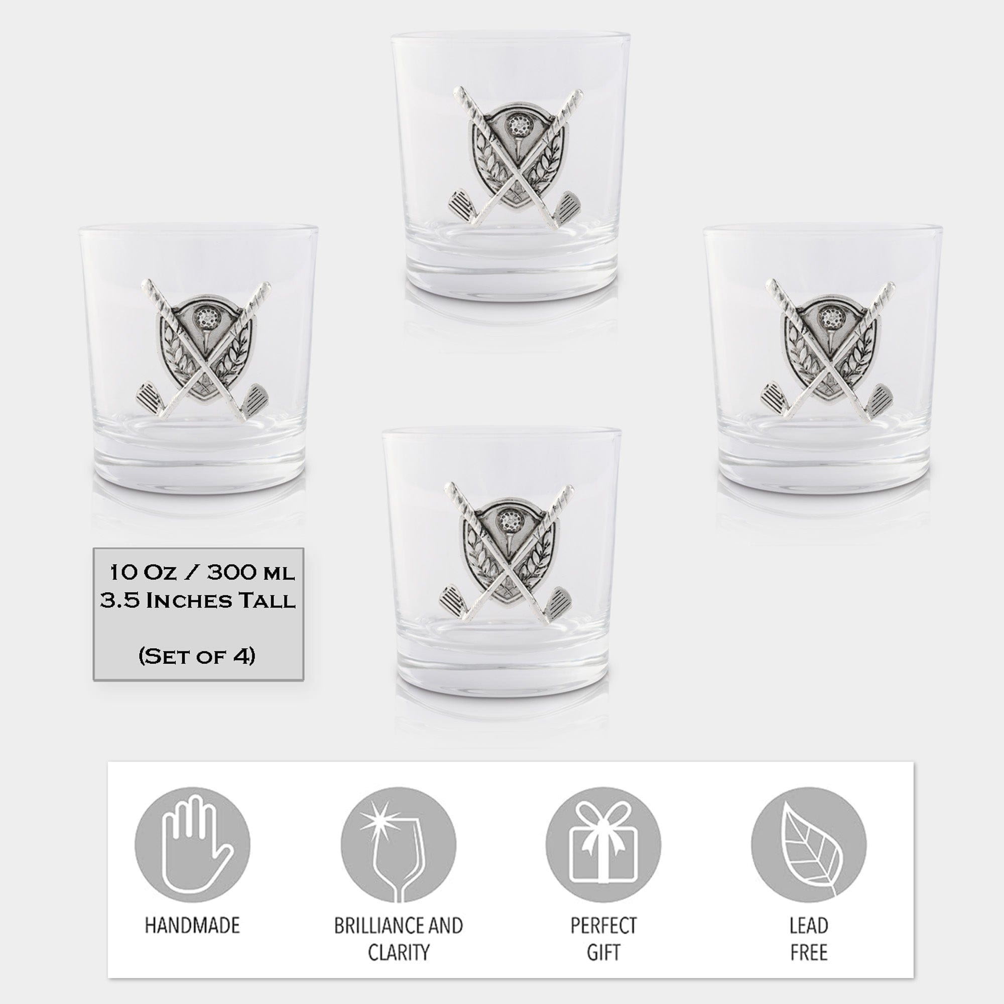 Set of four clear glasses with engraved pewter golf design on a white background