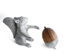 Silver squirrel pepper shaker figurine with a wooden acorn on a white background