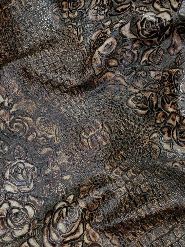 Floral Croc Mocha & Gold Embossed Leather - Upholstery Fabrics Your Western Decor