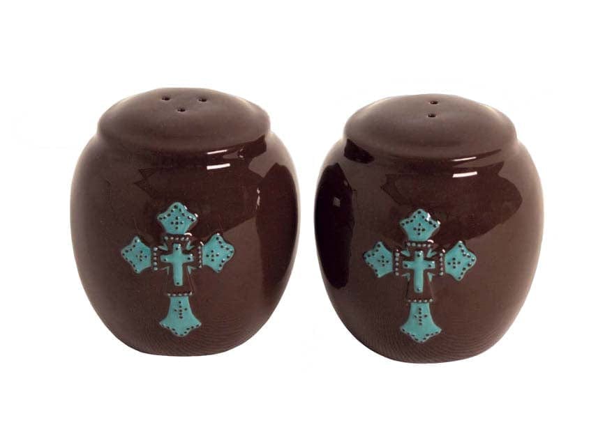 Turquoise cross salt and pepper shaker set - Your Western Decor