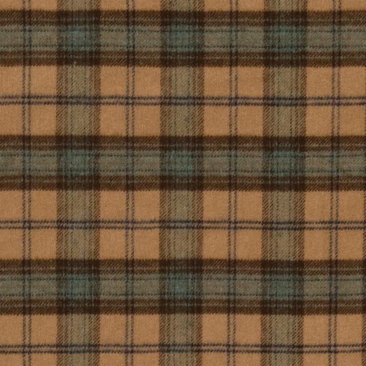 Close-up of a Dillon Plaid fabric featuring a checkered pattern with beige, blue, and brown colors - Your Western Decor