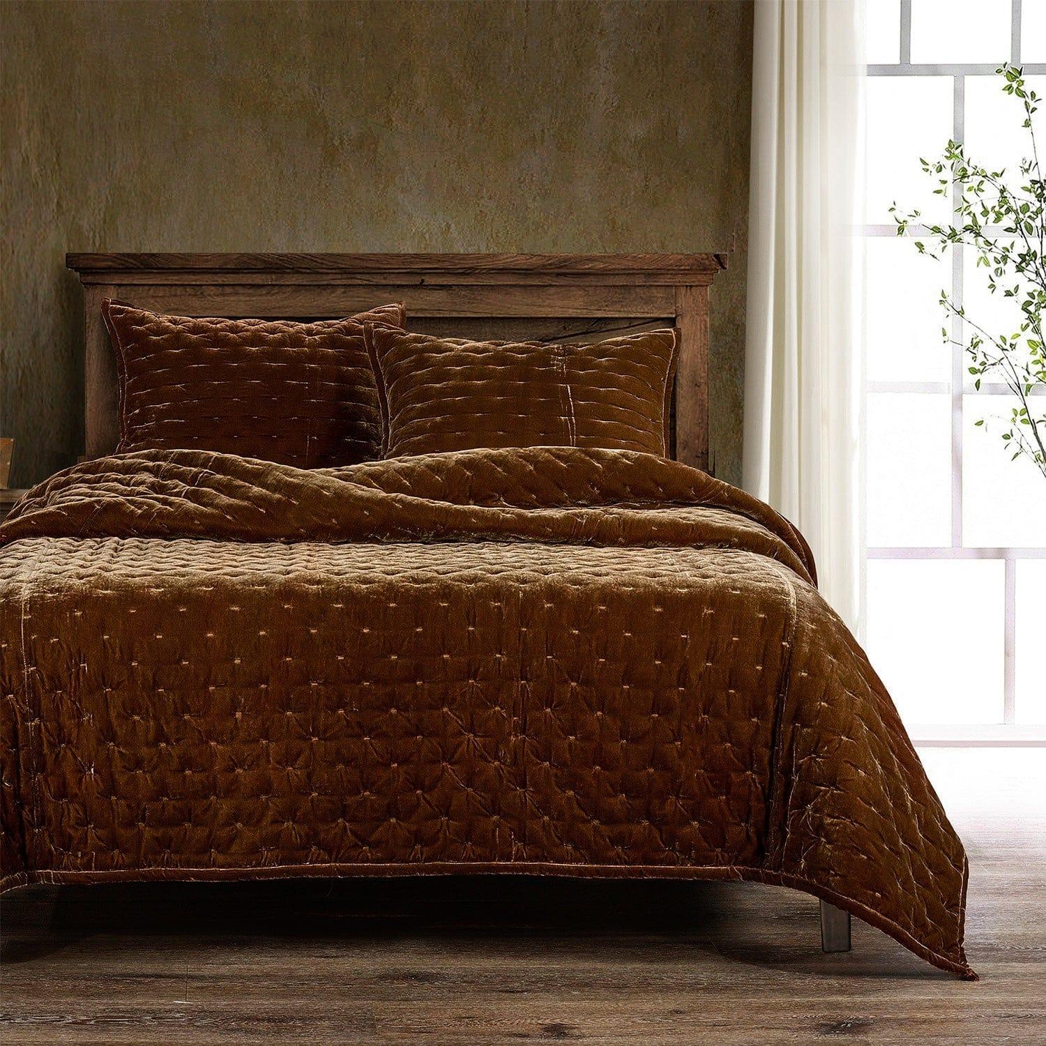 Stella Faux Silk Velvet Quilt Set in Copper Brown Color from HiEnd Accents