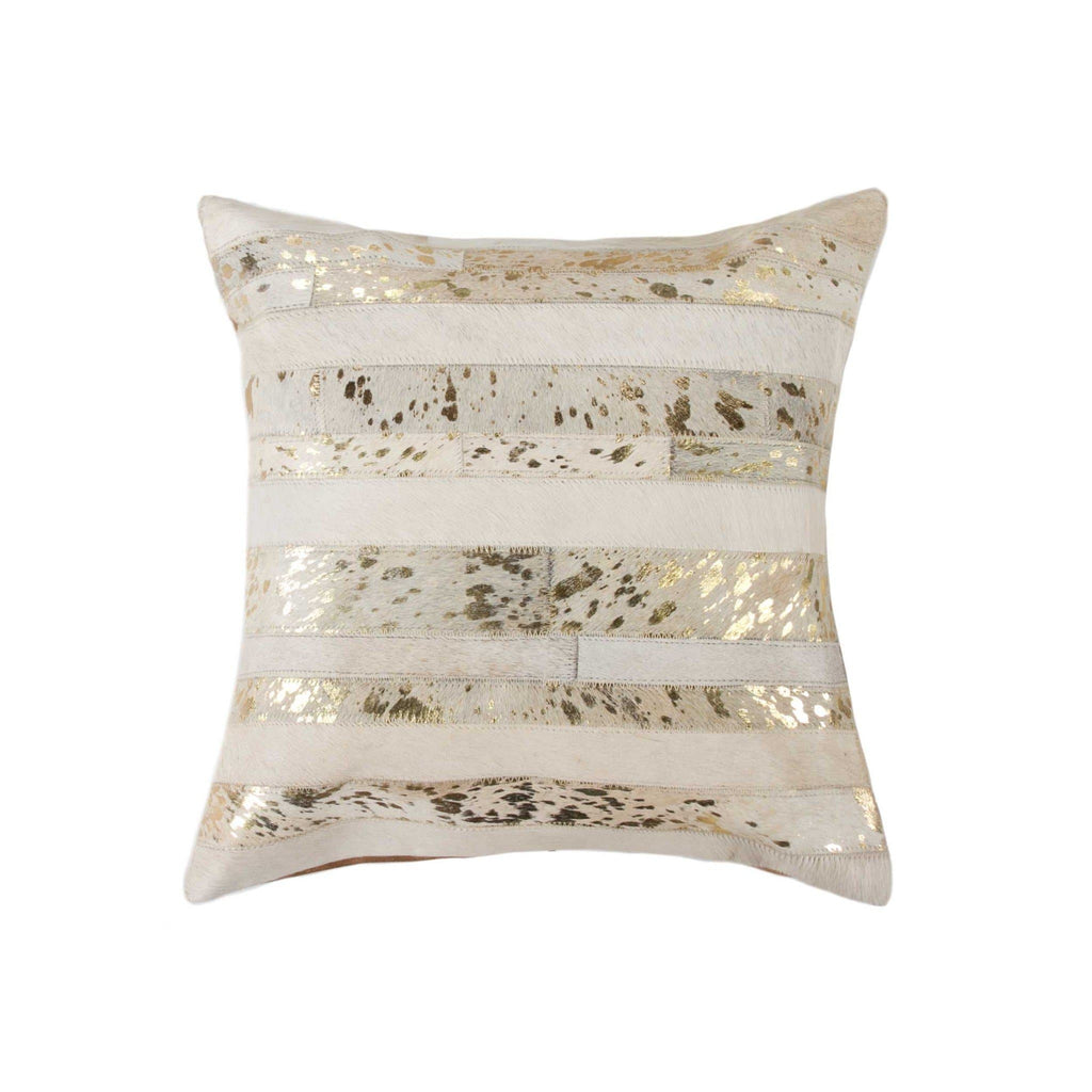 Off-White & Gold Metallic Patchwork Cowhide Pillow - Your Western Decor