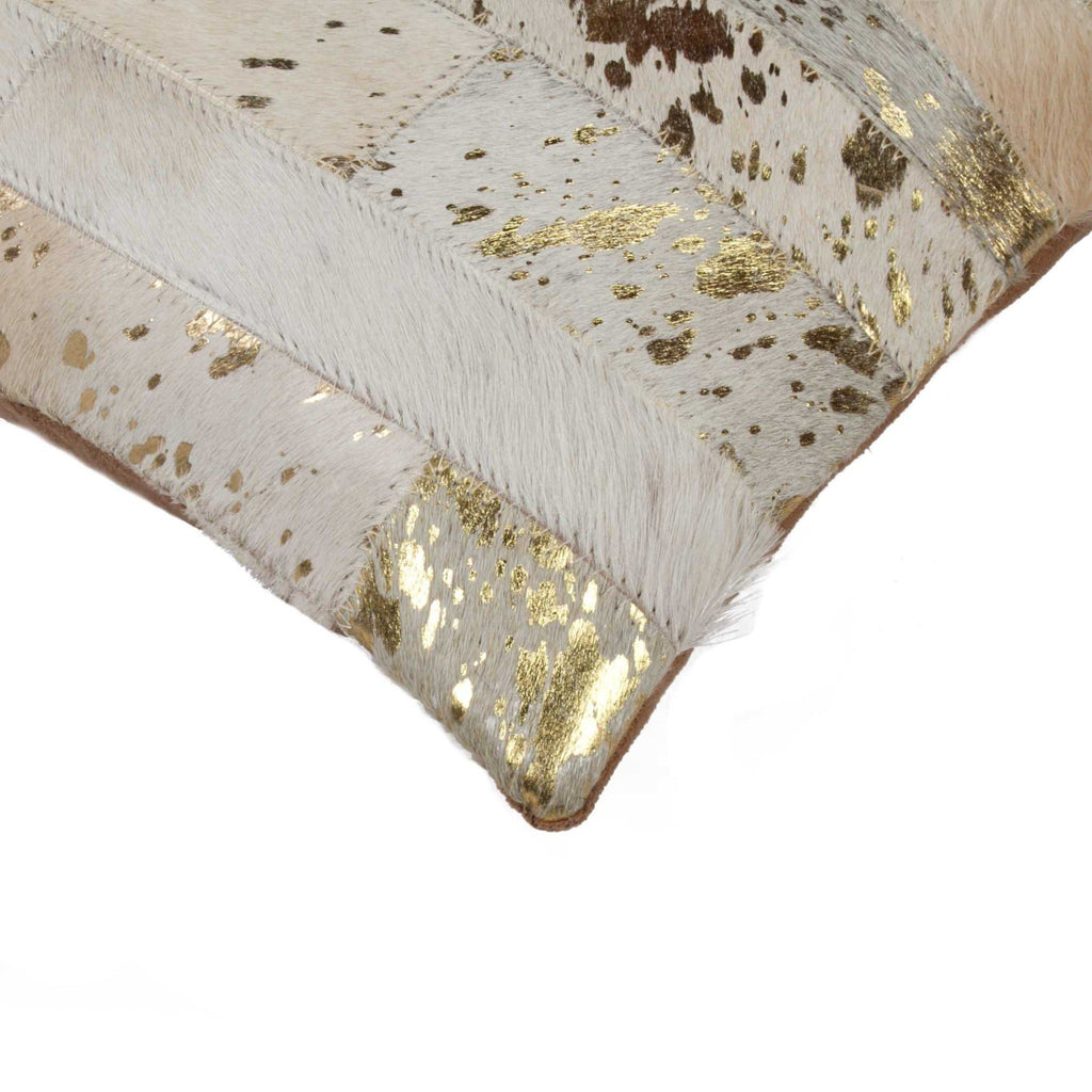 Off White & Metallic Gold Cowhide Pillow corner detail - Your Western Decor