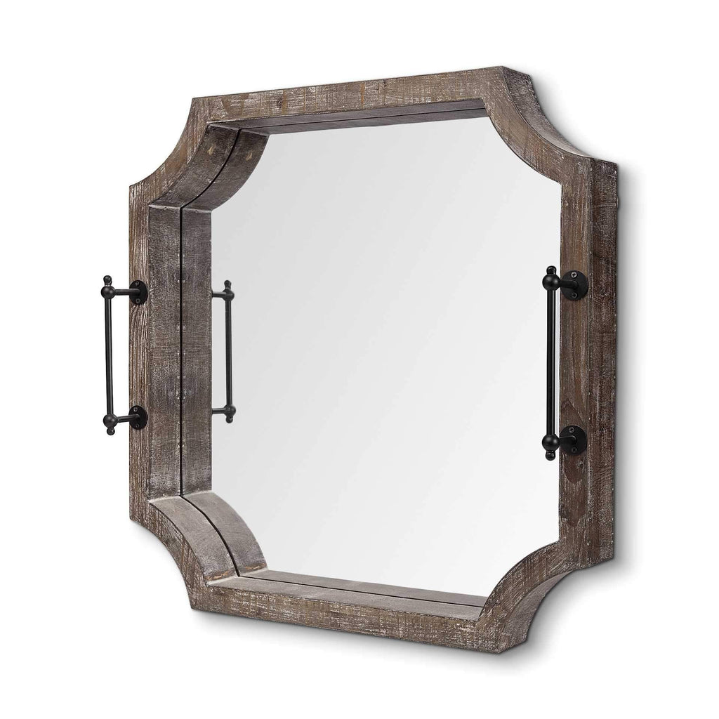 Rustic Antique Wash Finish Wood With Mirrored Glass Bottom And Metal Handle Tray - Your Western Decor
