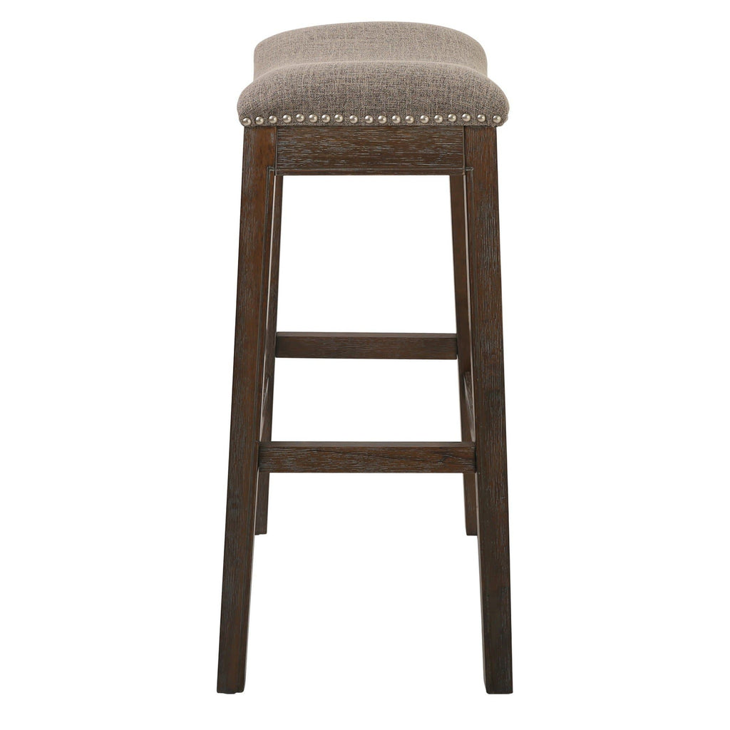 Bar Height Saddle Style Counter Stool with Taupe Fabric and Nail head Trim - Your Western Decor, LLC