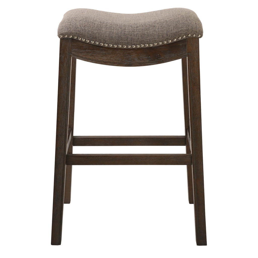 Bar Height Saddle Style Counter Stool with Taupe Fabric and Nail head Trim - Your Western Decor, LLC