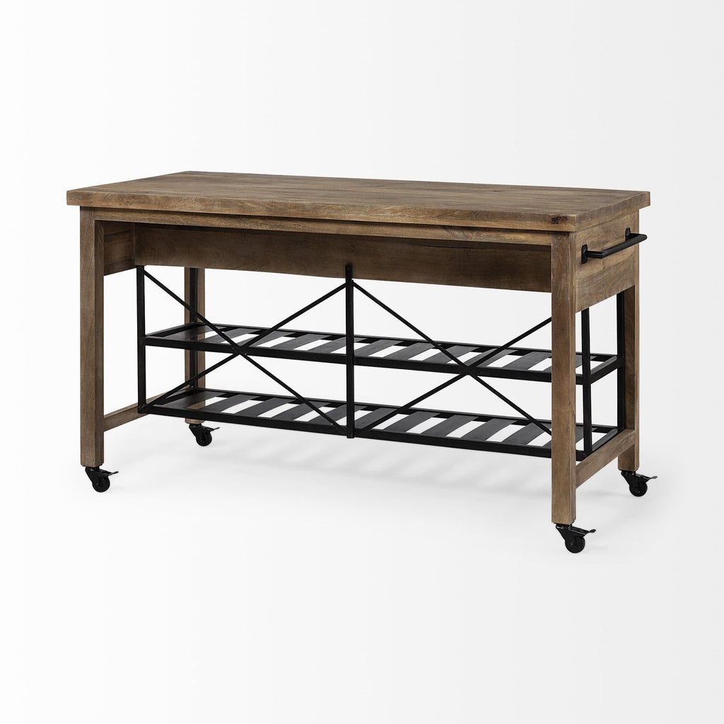 Brown Solid Wood Top Kitchen Island with Two Tier Black Metal Rolling - Your Western Decor, LLC