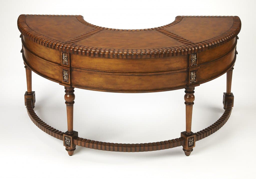 Crescent Shape Brown Hand Carved Desk with One Center and Four Side Drawers - Your Western Decor