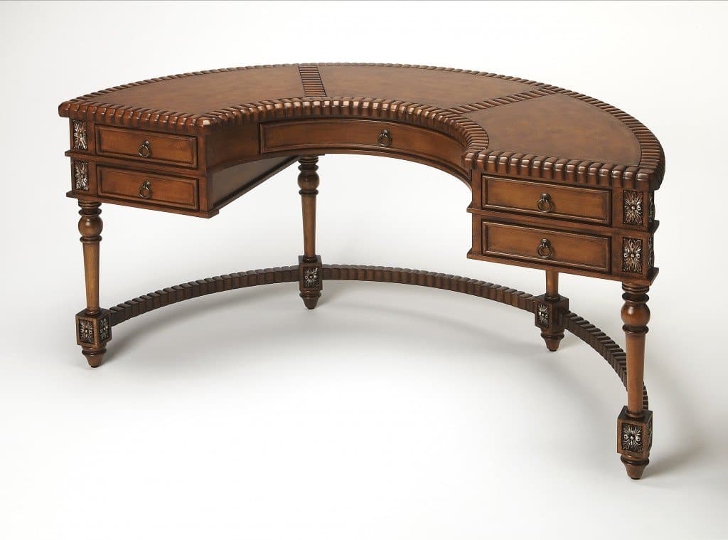 Crescent Shape Brown Hand Carved Desk with One Center and Four Side Drawers - Your Western Decor, LLC